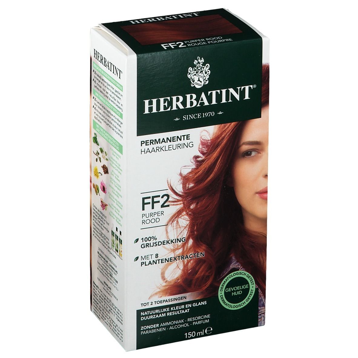 HERBATINT® haarverf doos, FF2 Purper Rood. Permanente haarkleuring. Vrouw met rood haar. 100% grijsdekking. 150ml. Gevoelige huid. Gebruiksaanwijzing.