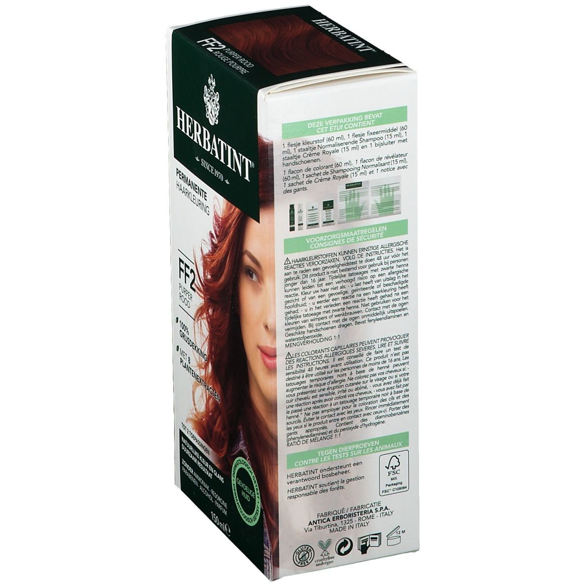 HERBATINT® haarverf doos, achterkant. FF2 Purper Rood. Permanente haarkleuring. Ingrediënten. Gebruiksaanwijzing. 150ml. Gevoelige huid. FSC-certificering.