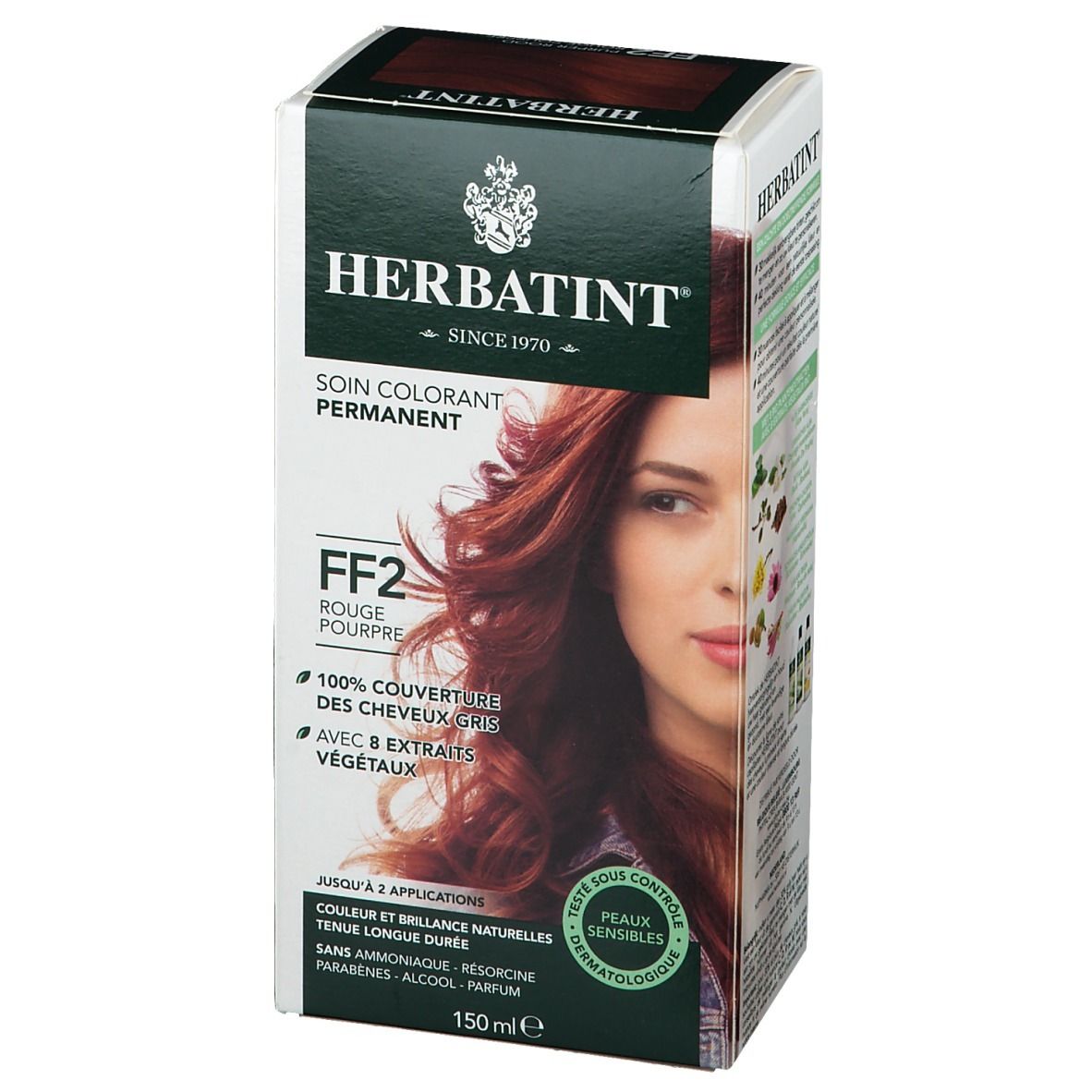 HERBATINT® haarverf doos, FF2 Purper Rood. Permanente haarkleuring. Vrouw met rood haar. 100% grijsdekking. 150ml. Gevoelige huid. Dermatologisch getest.