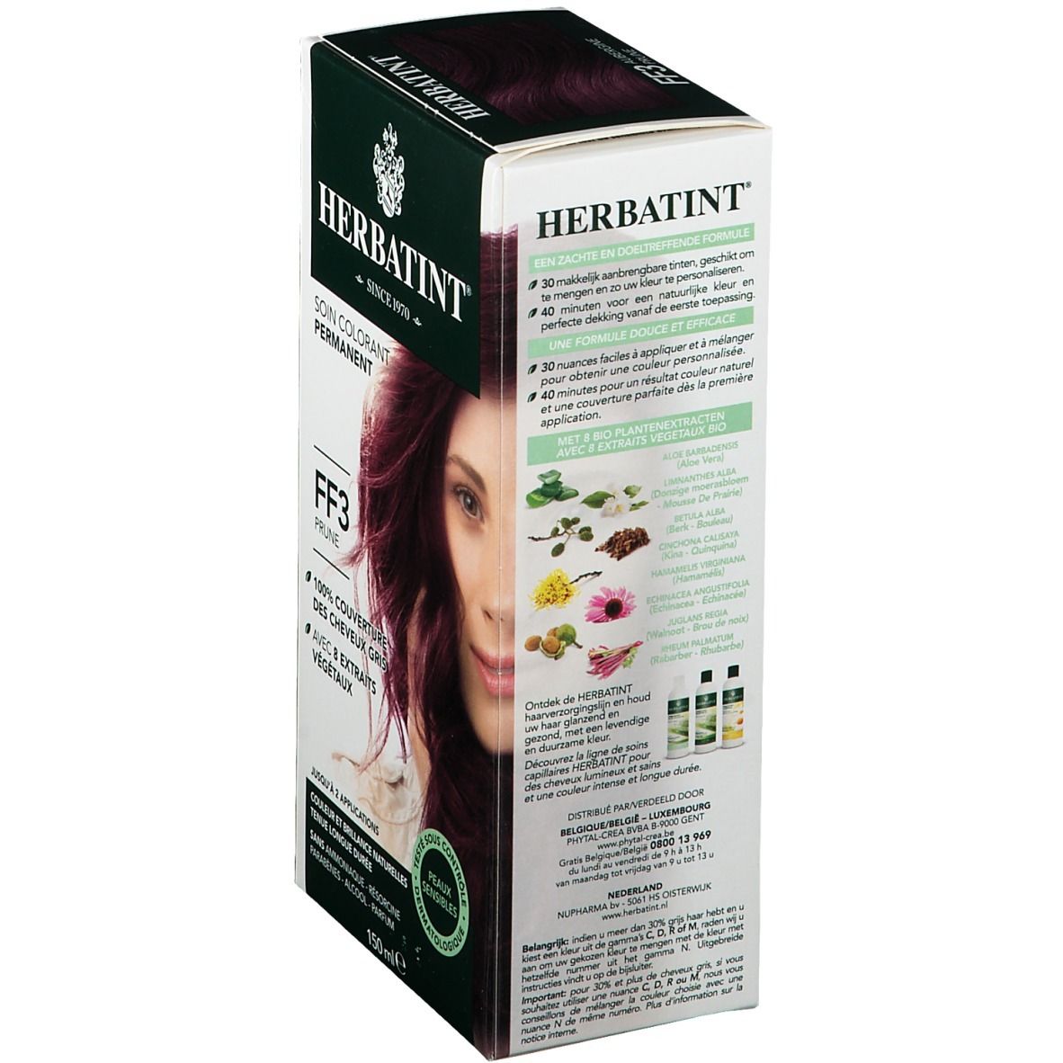 Boîte de coloration capillaire HERBATINT®. FF3 Prune. Dos avec ingrédients et instructions. Pour peaux sensibles. 150 ml.