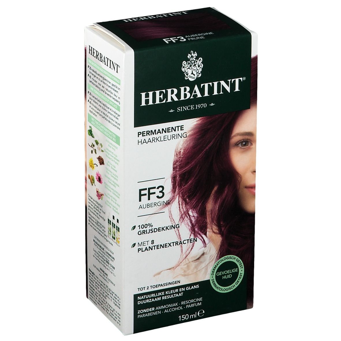 Boîte de coloration capillaire HERBATINT®. FF3 Aubergine. Couvre 100% des cheveux gris. Avec extraits végétaux. Peaux sensibles. 150 ml.