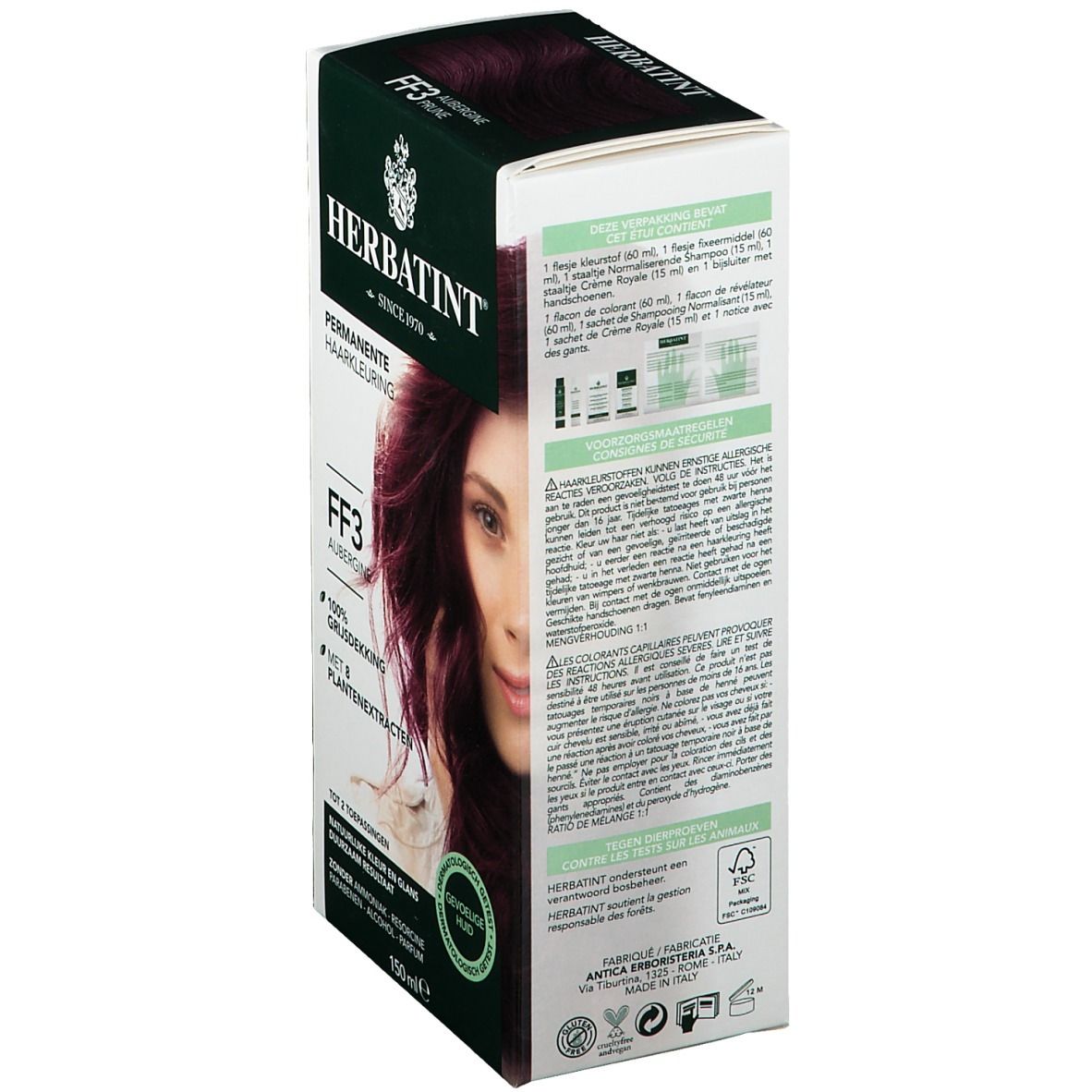 Boîte de coloration capillaire HERBATINT®. FF3 Aubergine. Dos avec ingrédients et instructions. Pour peaux sensibles. 150 ml.