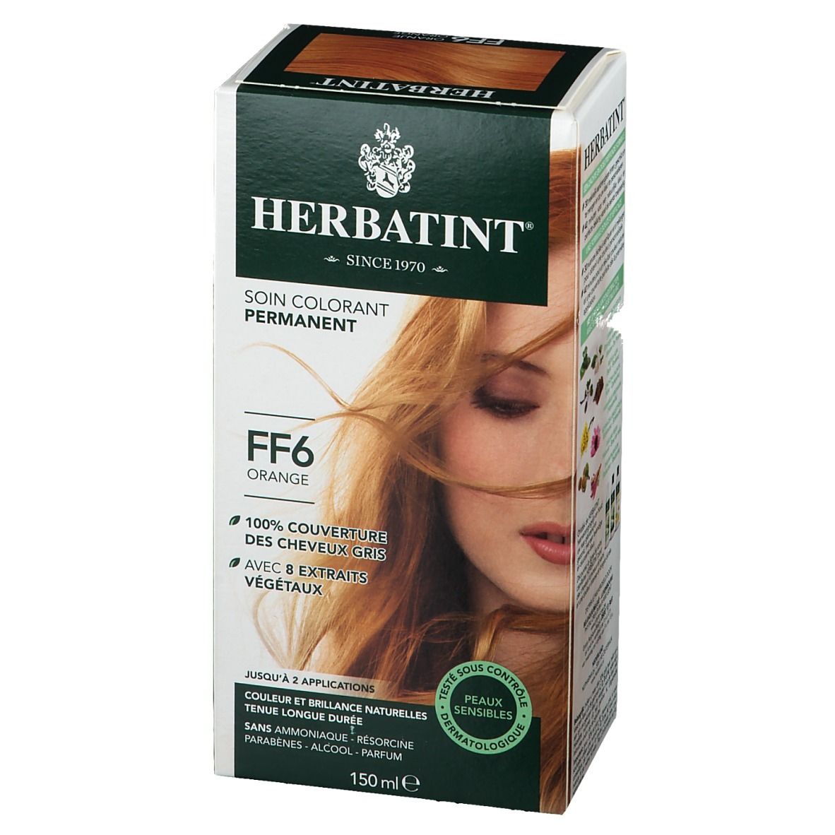 Verpakking van Herbatint Flash Fashion Orange FF6. Opschrift: SOIN COLORANT PERMANENT, FF6 ORANGE, 100% dekking van grijze haren, dermatologisch getest.
