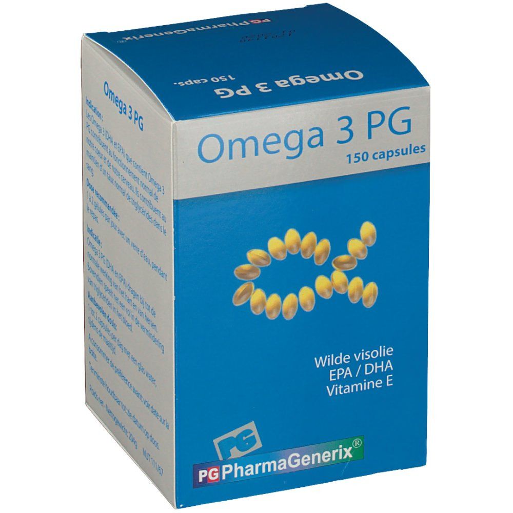Boîte bleue et blanche "Omega 3 PG" et "150 capsules". Capsules jaunes en forme d'alpha. Logo "PG PharmaGenerix".
