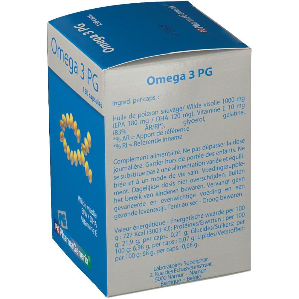 Dos de la boîte "Omega 3 PG". Texte sur les ingrédients, la valeur nutritionnelle et le fabricant. Capsules jaunes en forme d'alpha.