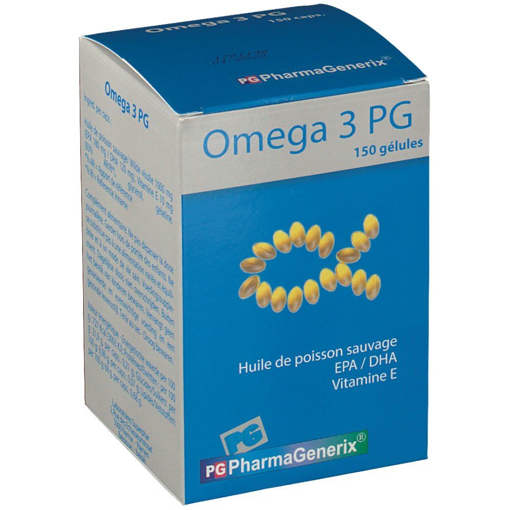 Boîte "Omega 3 PG" avec "150 gélules". Capsules jaunes en forme d'alpha. Logo "PG PharmaGenerix".