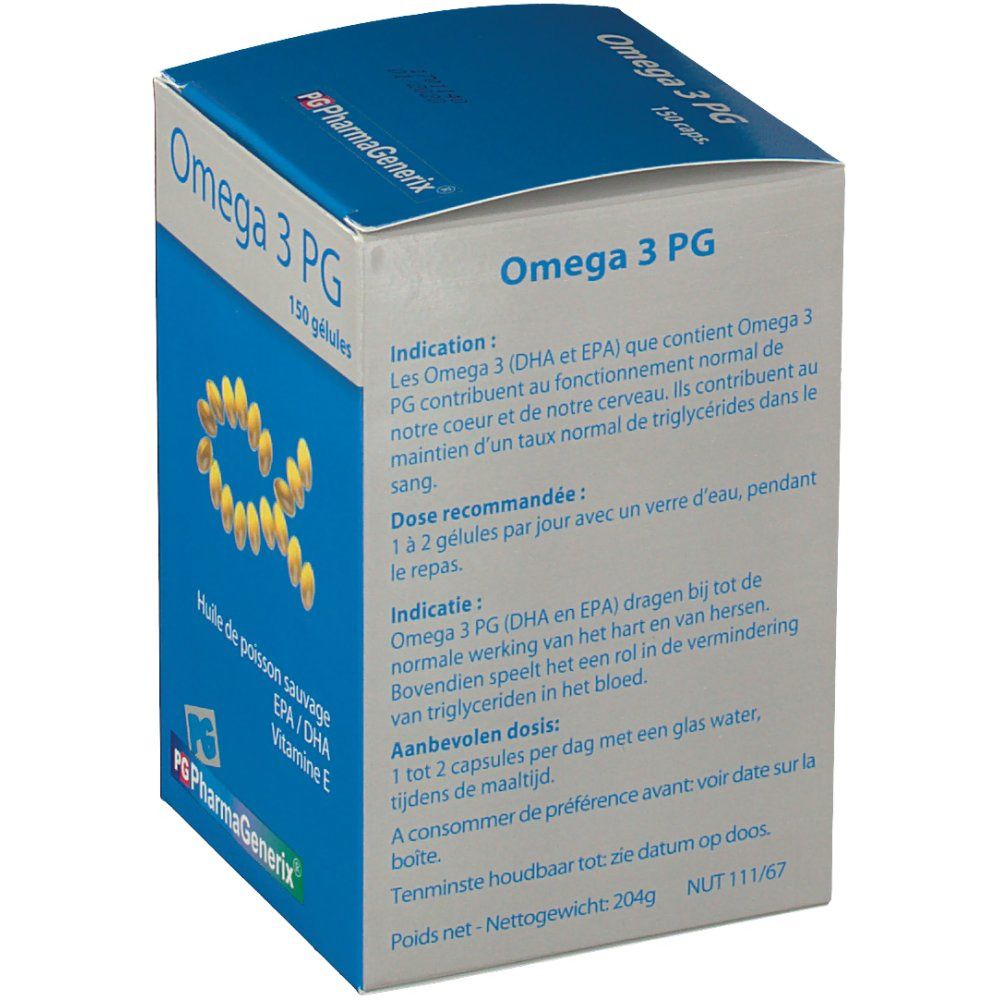 Dos de la boîte "Omega 3 PG". Texte sur l'utilisation et le dosage. Capsules jaunes en forme d'alpha. Logo "PG PharmaGenerix".