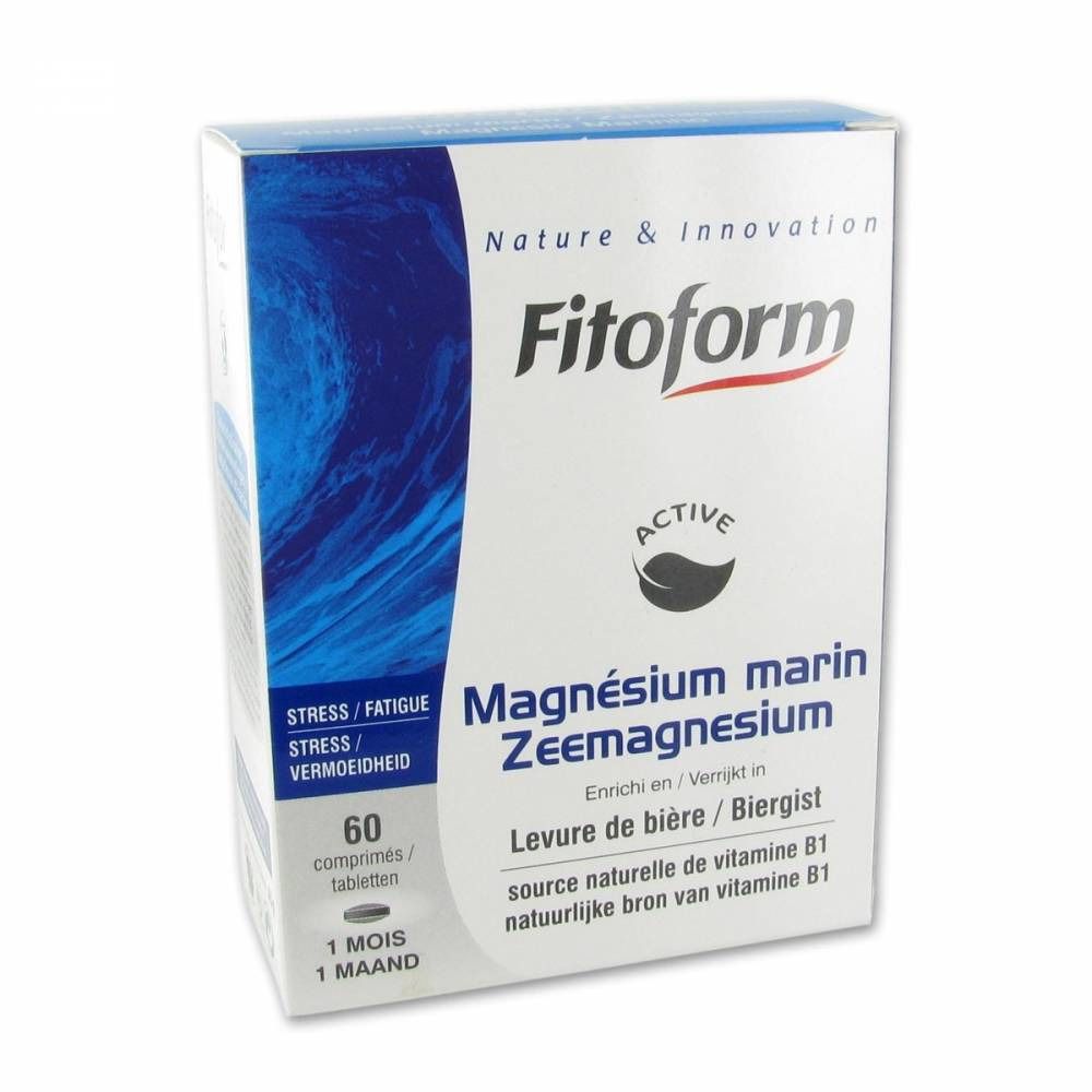 Witte doos "Fitoform" met "Magnésium marin". Bevat 60 tabletten. Tekst in het Frans, Duits en Nederlands.