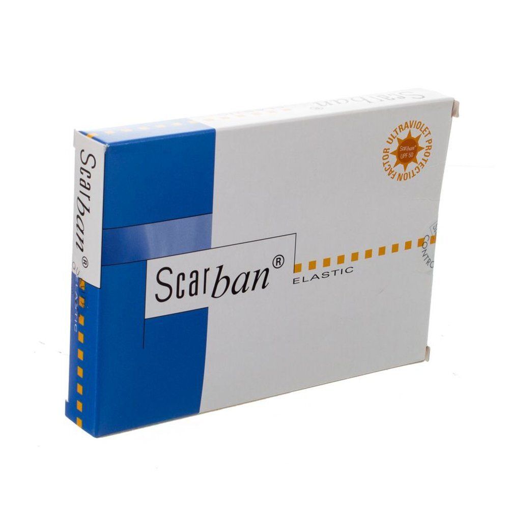 Witte doos met blauwe streep. Opschrift: Scarban Elastic. UV-beschermingsfactor.