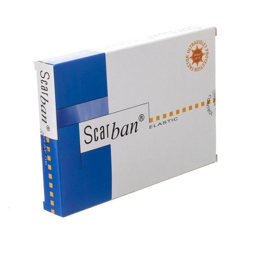 Witte doos met blauwe streep. Opschrift: Scarban Elastic. UV-beschermingsfactor.