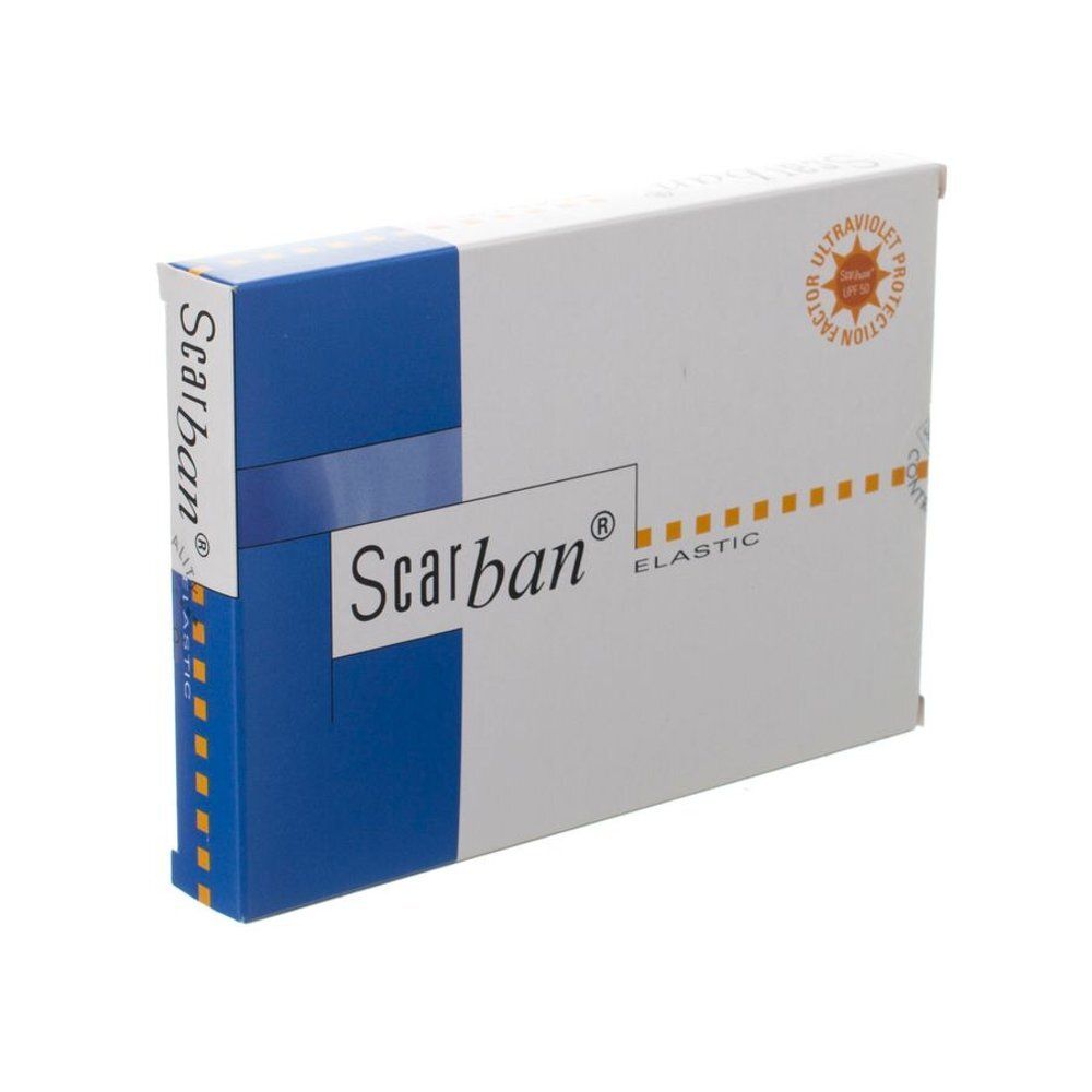 Doos "Scarban Elastic". Blauw en witte verpakking. UV-beschermingssymbool.