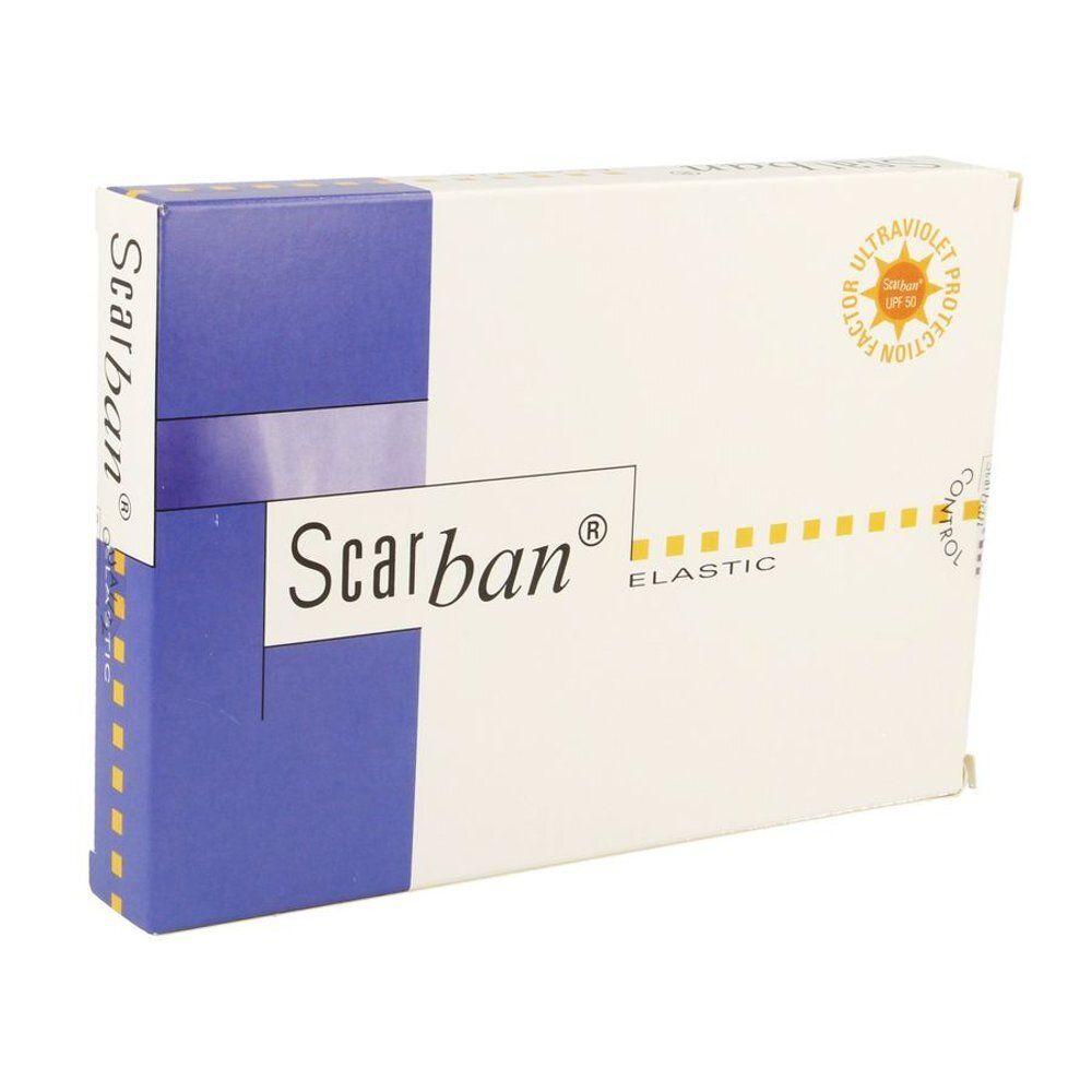 Doos "Scarban Elastic". Blauw en witte verpakking. UV-beschermingssymbool.