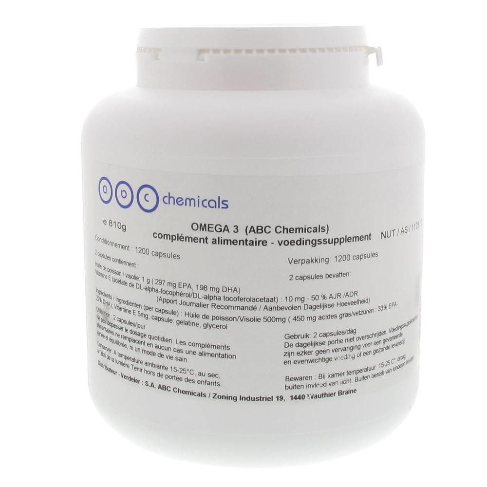 Witte fles Omega 3 (ABC Chemicals) voedingssupplement. Bevat 1200 capsules. Opschrift in meerdere talen.