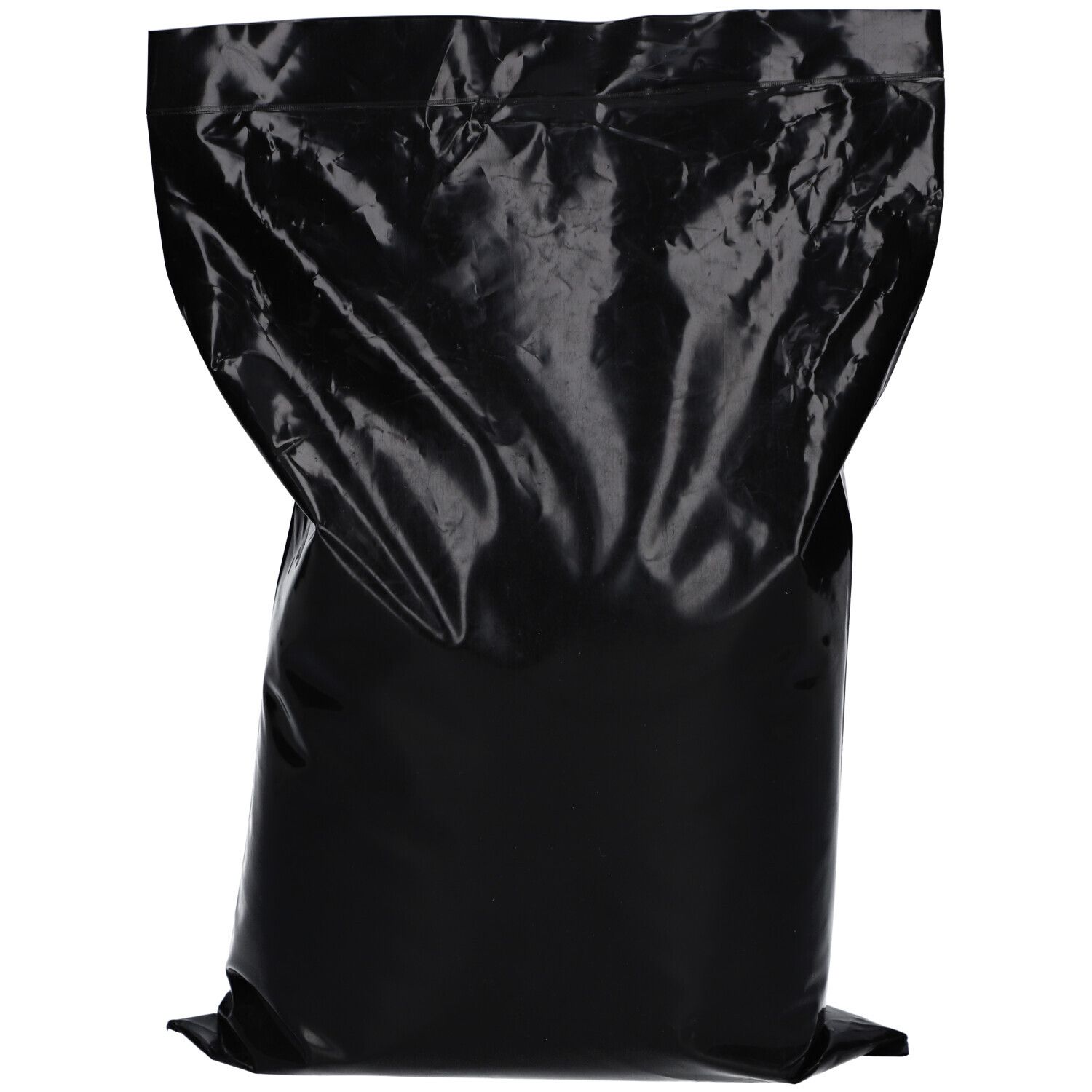Zwarte, lege zak. De zak is gemaakt van glanzend materiaal en licht gekreukeld.