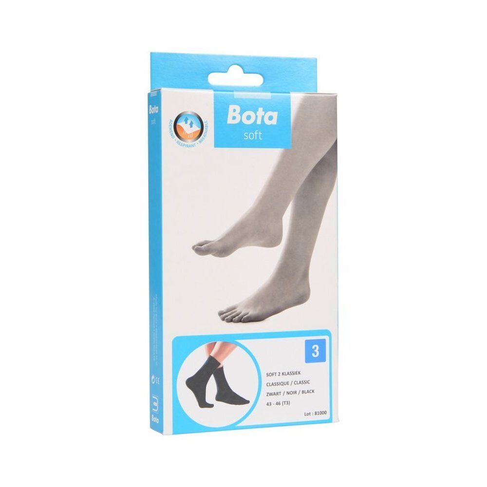 Verpakking van de Bota Soft 2 Classic sokken. Afbeelding van een voet met sokken.