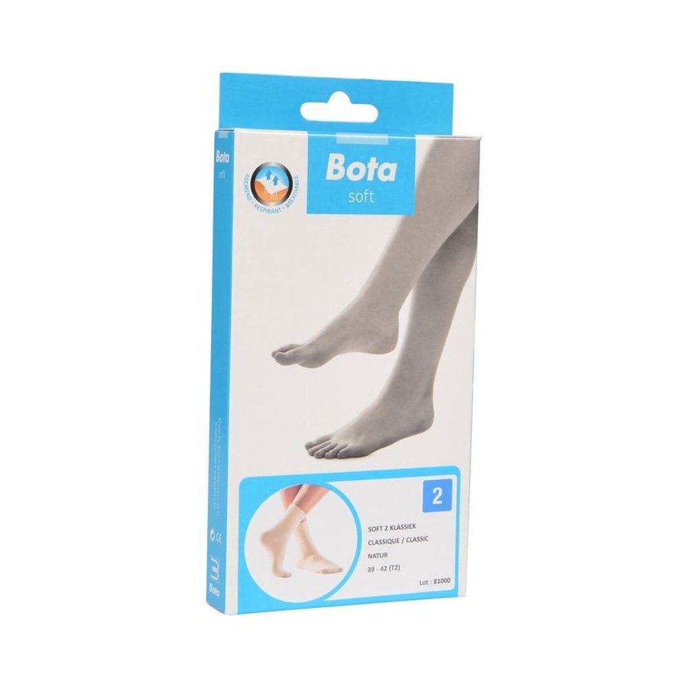 Verpakking van Bota Soft 2 Klassiek Natuur sokken. Voeten afgebeeld op de verpakking. Maat 2.