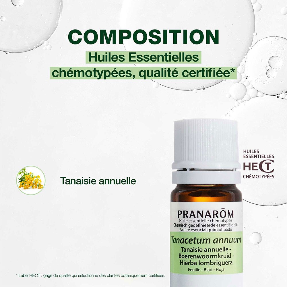 Flacon en verre brun avec bouchon bleu. Étiquette avec informations produit, symboles et 5 ml.