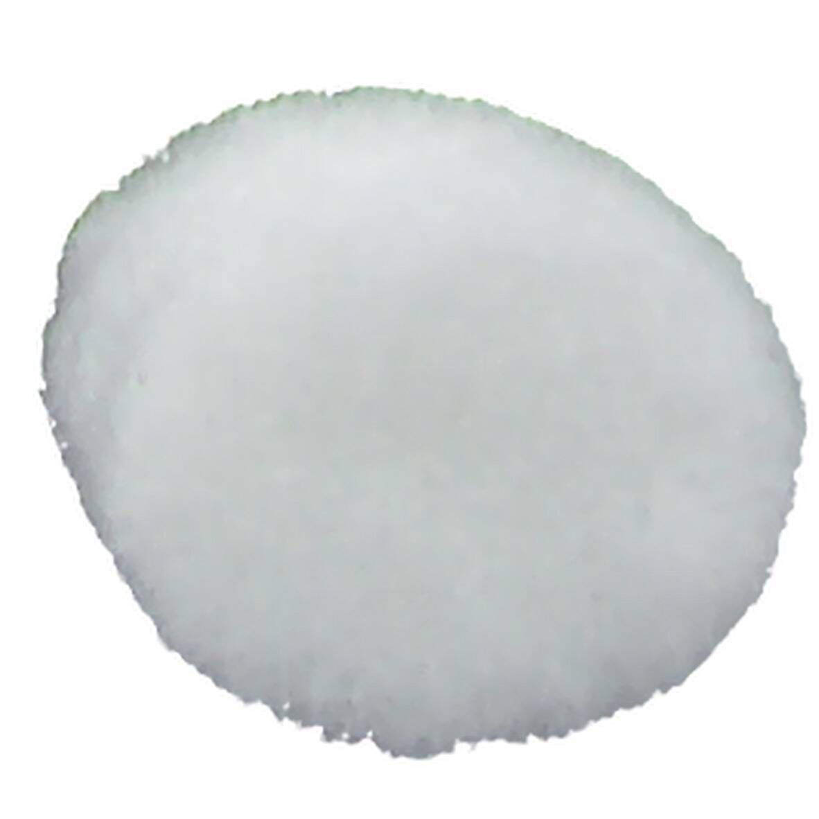 Ronde, witte filter. Onregelmatige vorm met lichtgroene rand. Materiaal lijkt poreus.