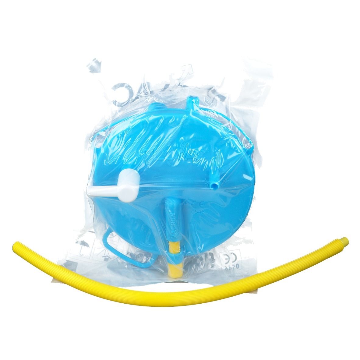 Blauwe container in plastic verpakking, met gele slang. Bevat een witte handgreep en gele accenten.