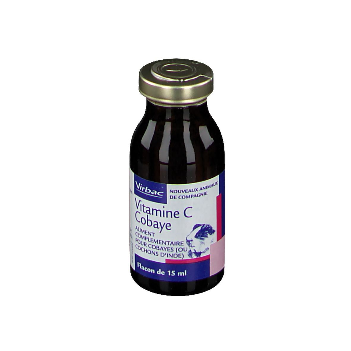 Flacon en verre brun avec bouchon doré. Étiquette avec nom du produit, logo et contenu.