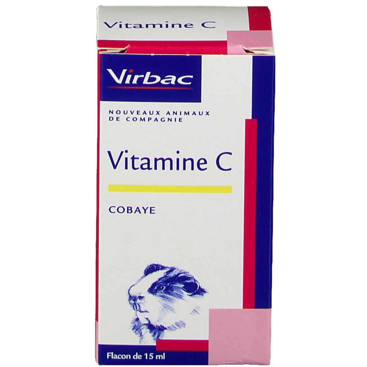 Emballage avec nom du produit, logo et image de cobaye. Illustration du flacon.