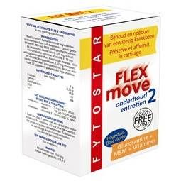 Boîte blanche avec texte rouge et jaune. Inscription: FLEX move 2, FYTOSTAR, Glucosamine, MSM, Vitamines.