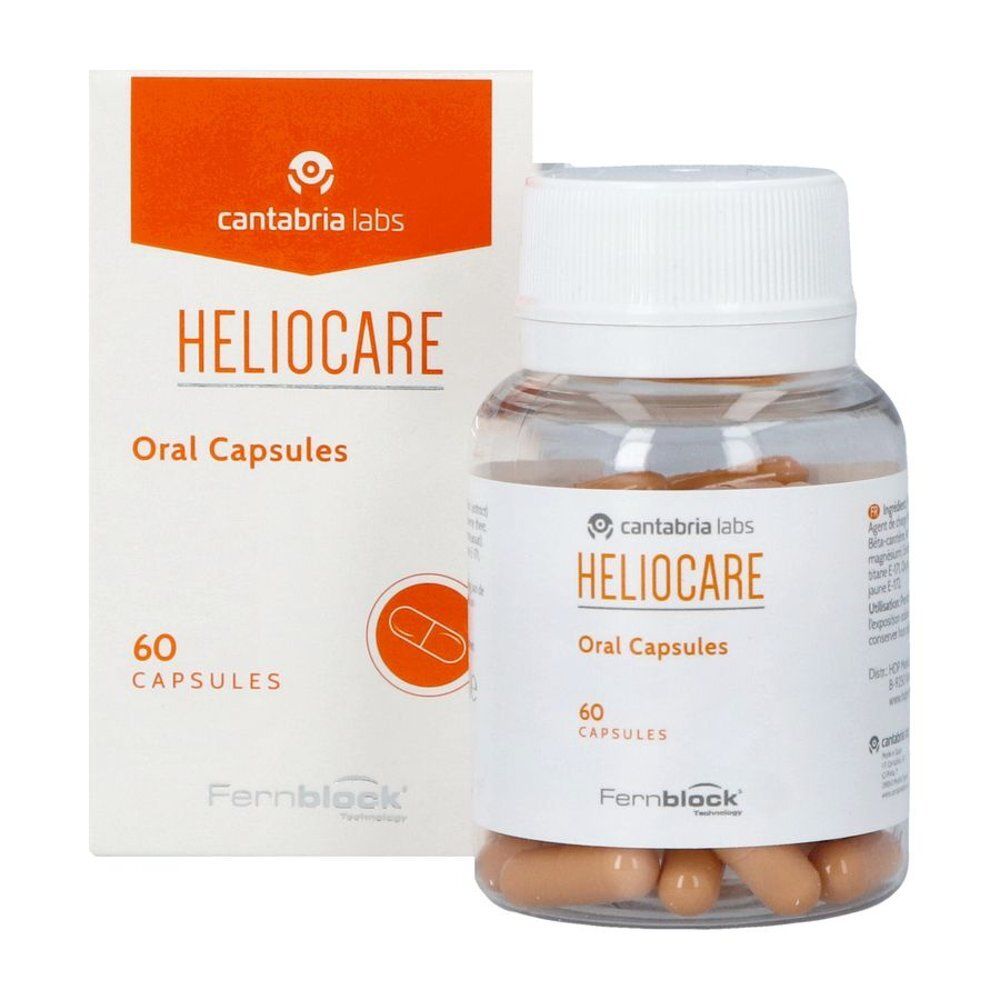 Transparante fles met witte dop. Bevat bruine capsules. Label met ingrediënten en "HELIOCARE Oral Capsules".