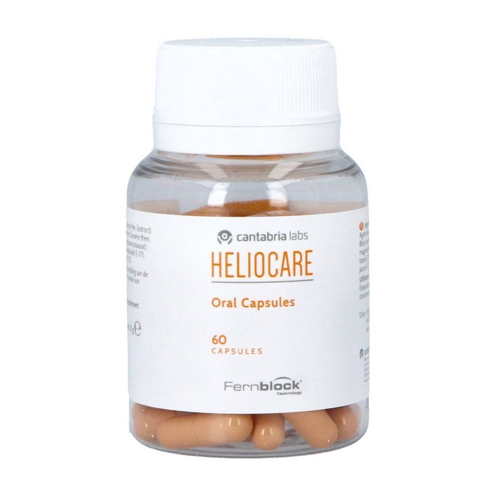 Flacon transparent, bouchon blanc. Contient des gélules brunes. Étiquette avec ingrédients et "HELIOCARE Oral Capsules".