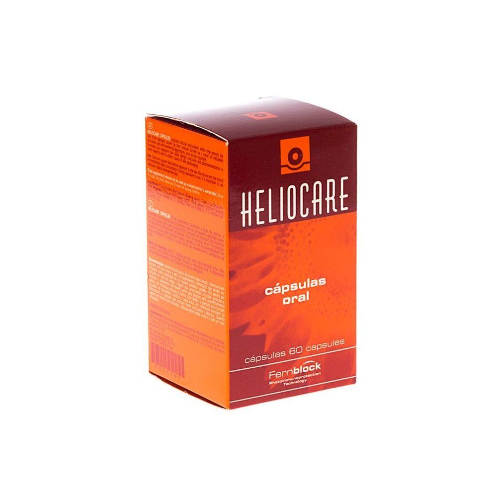 Transparante fles met witte dop. Bevat bruine capsules. Label met ingrediënten en "HELIOCARE Oral Capsules".