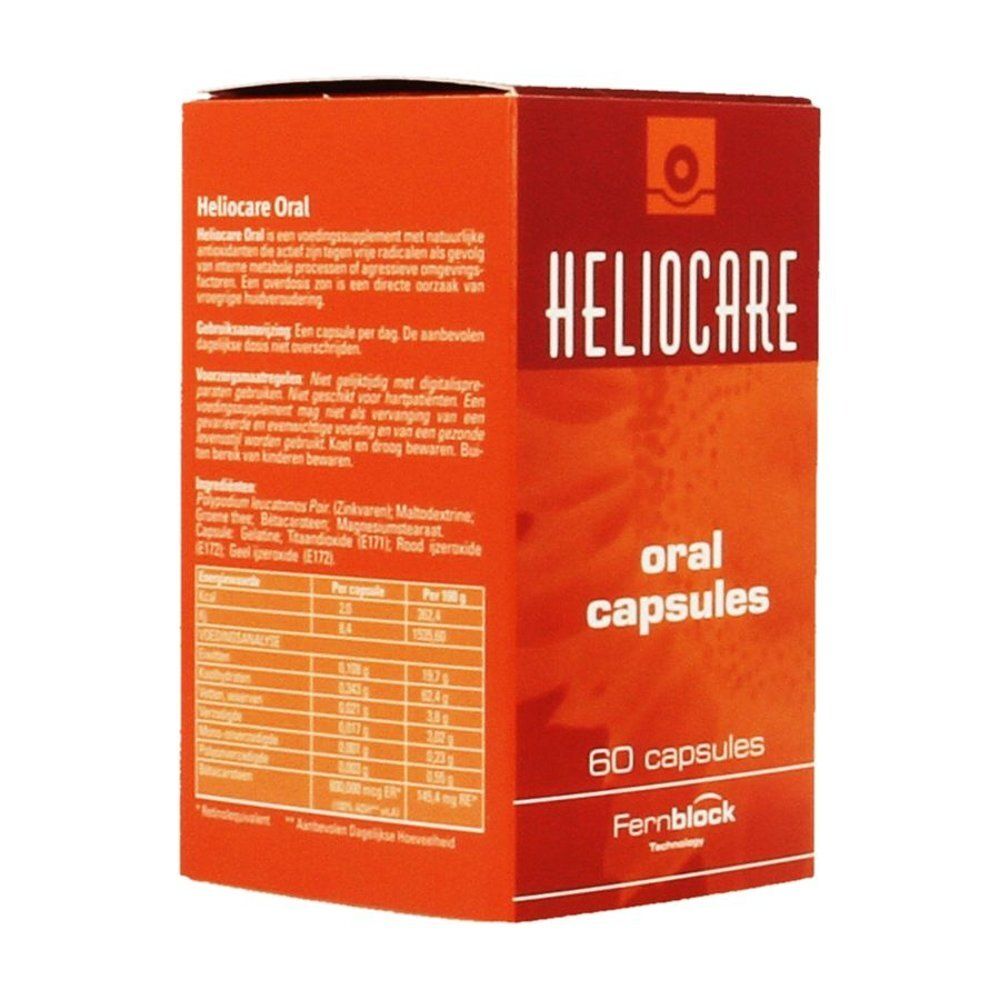 Bruine doos met "HELIOCARE" en "cápsulas oral". Bevat 60 capsules.