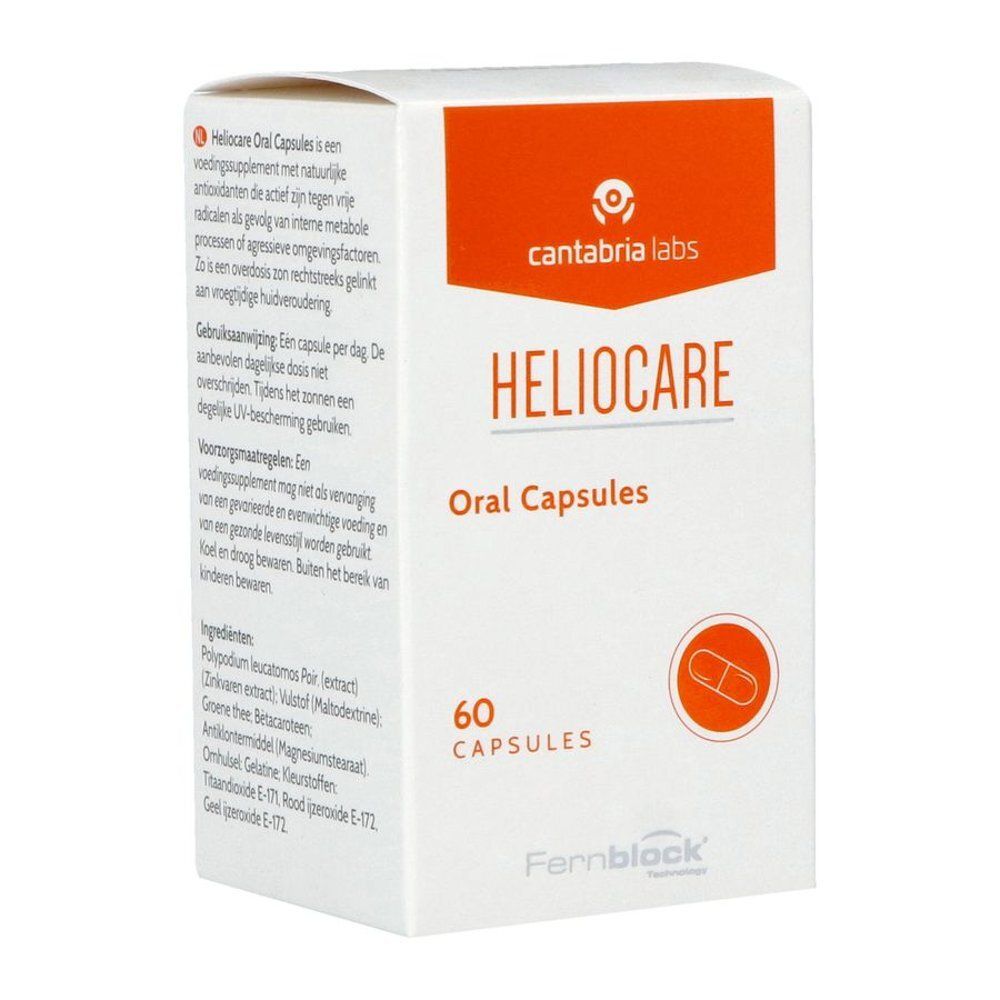 Transparante fles met witte dop. Bevat bruine capsules. Label met "HELIOCARE Oral Capsules" en 60 capsules.