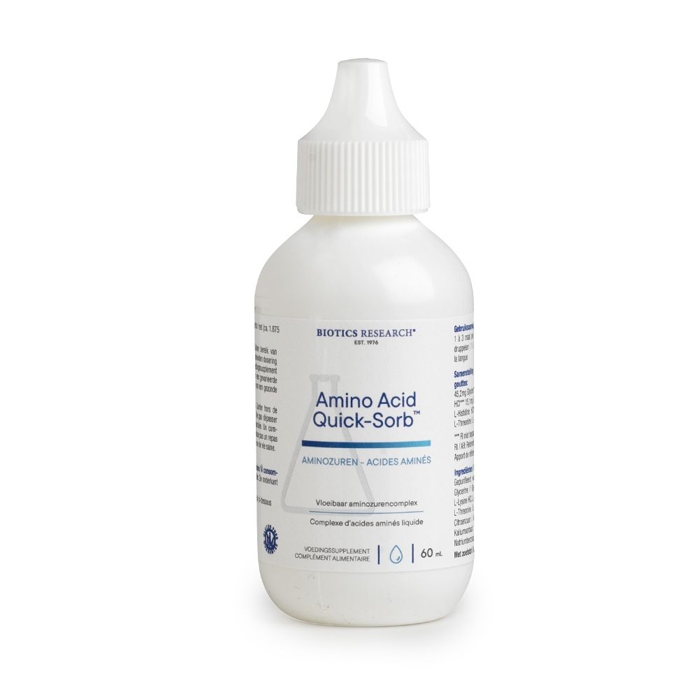 Witte fles met druppeldop. Opschrift: Amino Acid Quick-Sorb, BIOTICS RESEARCH. Volume: 60 ml.