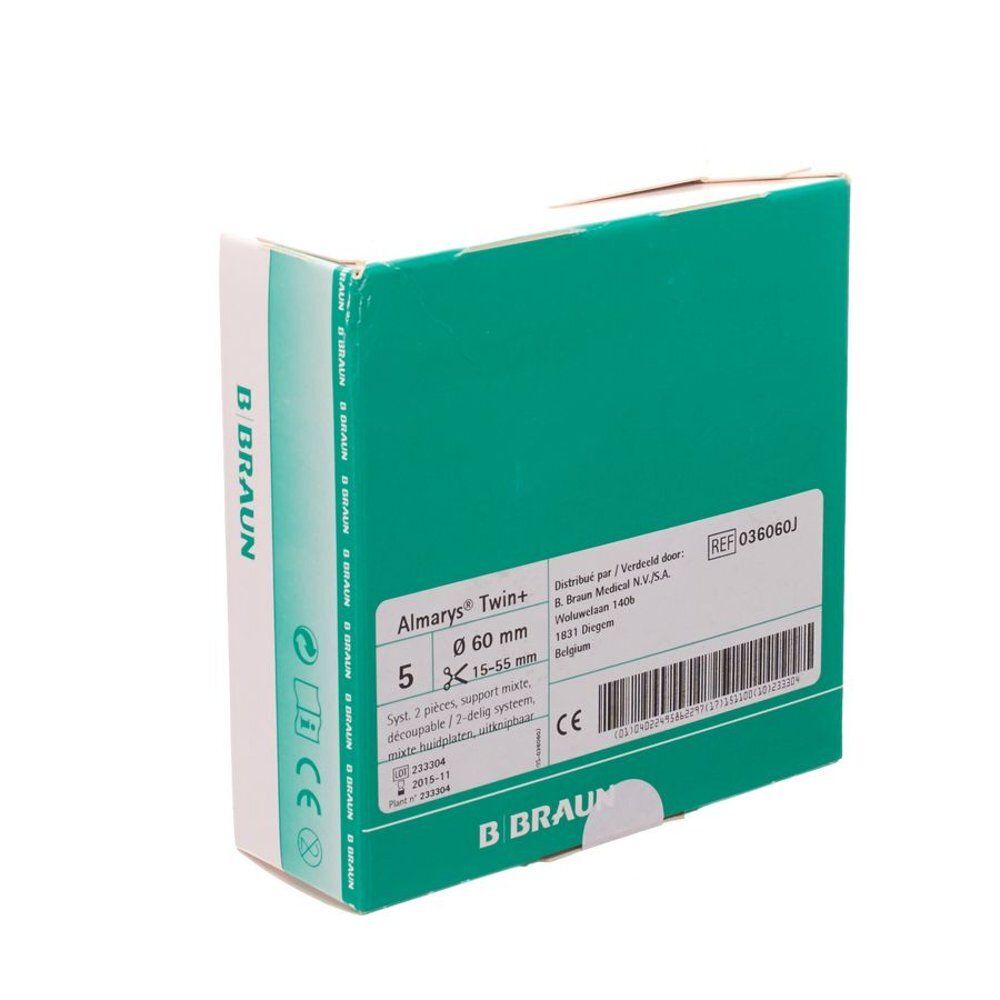 Emballage vert et blanc Almarys Twin+. Inscription: 5, Ø 60 mm, B Braun. Marquage CE.