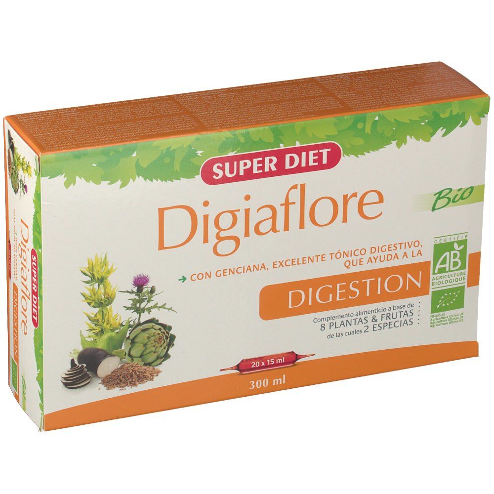 Boîte en carton avec nom et logo du produit. Texte en espagnol. Certification Bio visible.