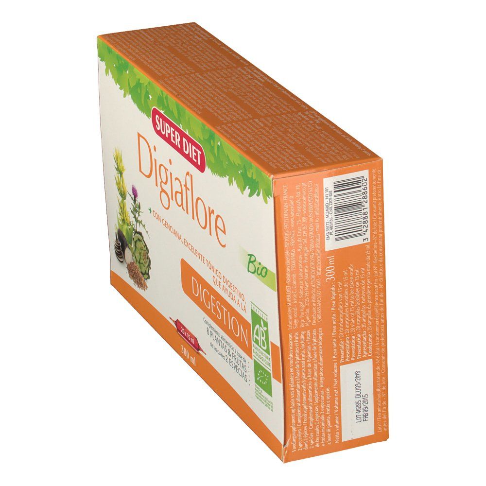 Boîte en carton en biais avec nom et logo du produit. Certification Bio et texte en espagnol.