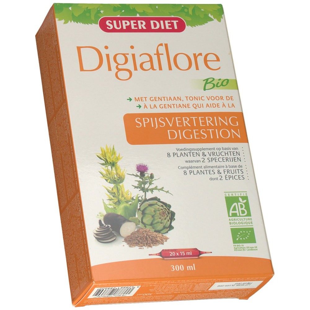 Boîte en carton avec nom et logo du produit. Texte en néerlandais. Certification Bio visible.