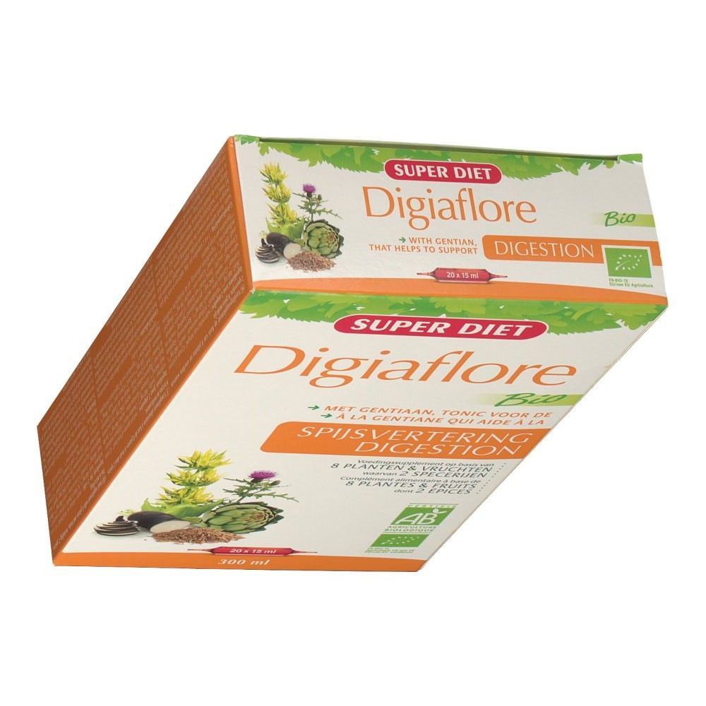 Boîte en carton en biais avec nom et logo du produit. Texte en néerlandais. Certification Bio.