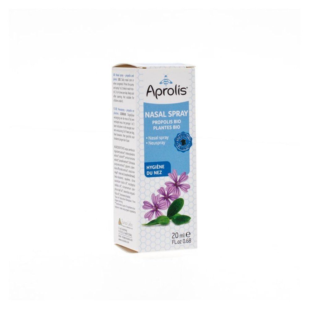 Boîte "Aprolis Nasal Spray". Inscription : "Propolis Plantes Bio". Design floral et label de qualité.