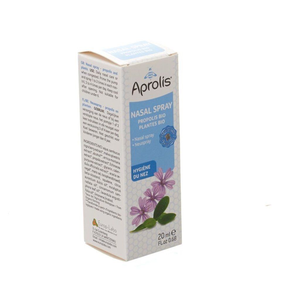 Doos met "Aprolis Nasal Spray". Opschrift: "Propolis Plantes Bio". Bloemenontwerp en kwaliteitslabel.