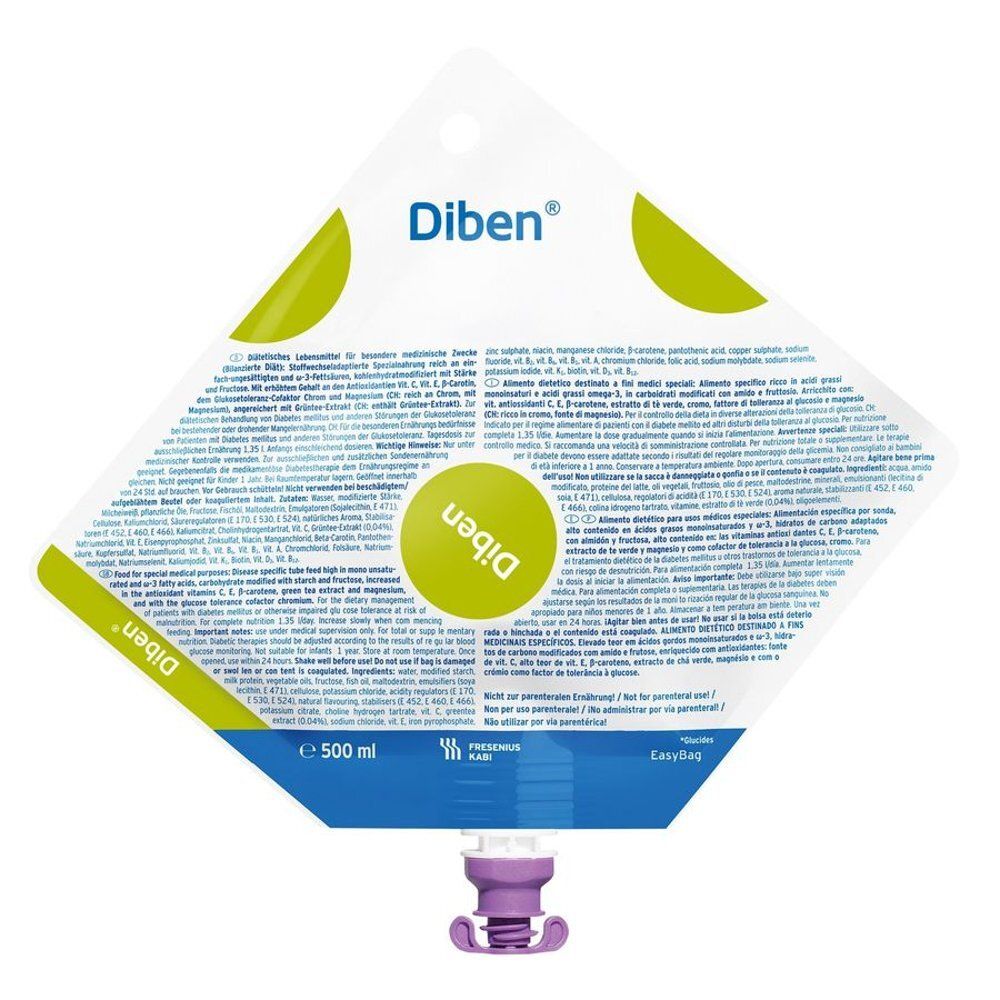 Emballage en losange avec nom du produit et texte. Fermeture violette en bas. Éléments verts et blancs.