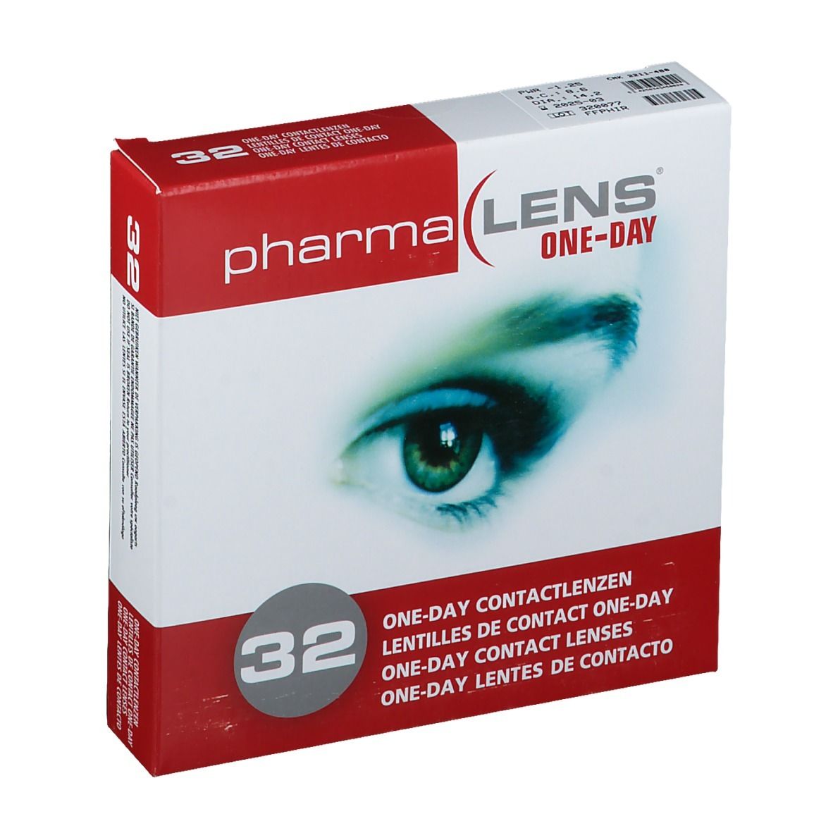 Boîte de lentilles de contact PharmaLens One-Day. Emballage rouge et blanc avec image d'œil et texte. Contient 32 lentilles.
