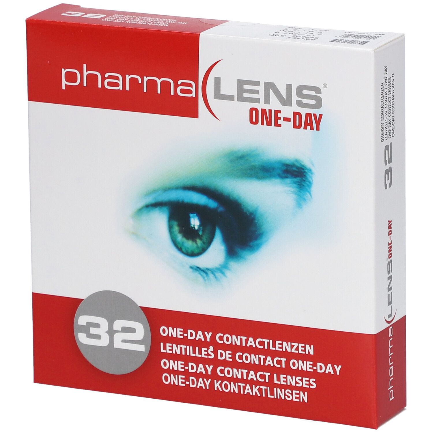 Verpakking Pharma Lens One-Day contactlenzen, 32 stuks. Afbeelding van een oog. Meertalige tekst.