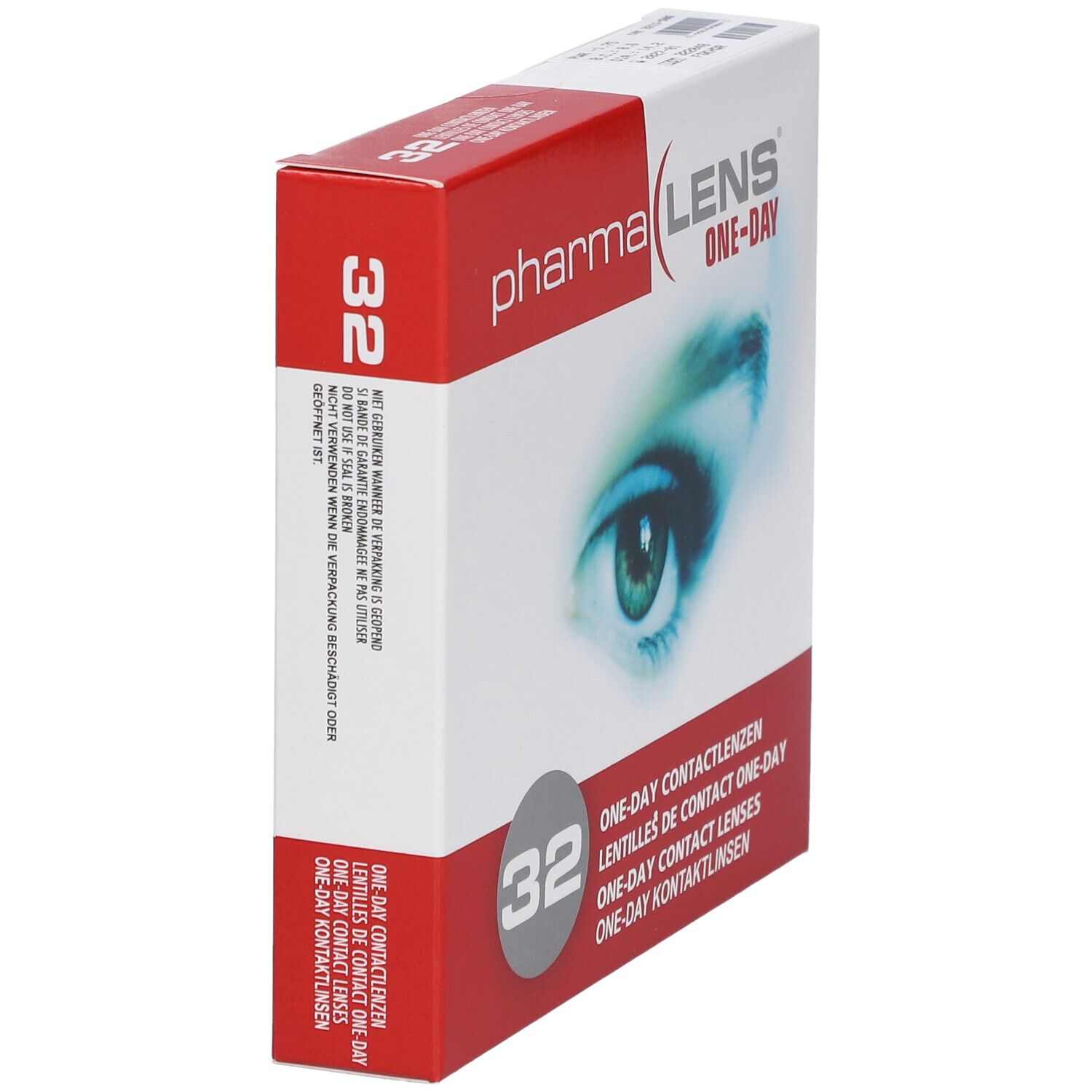 Schuine weergave van de verpakking contactlenzen. Opdruk: Pharma Lens One-Day, 32 stuks. Oogafbeelding.