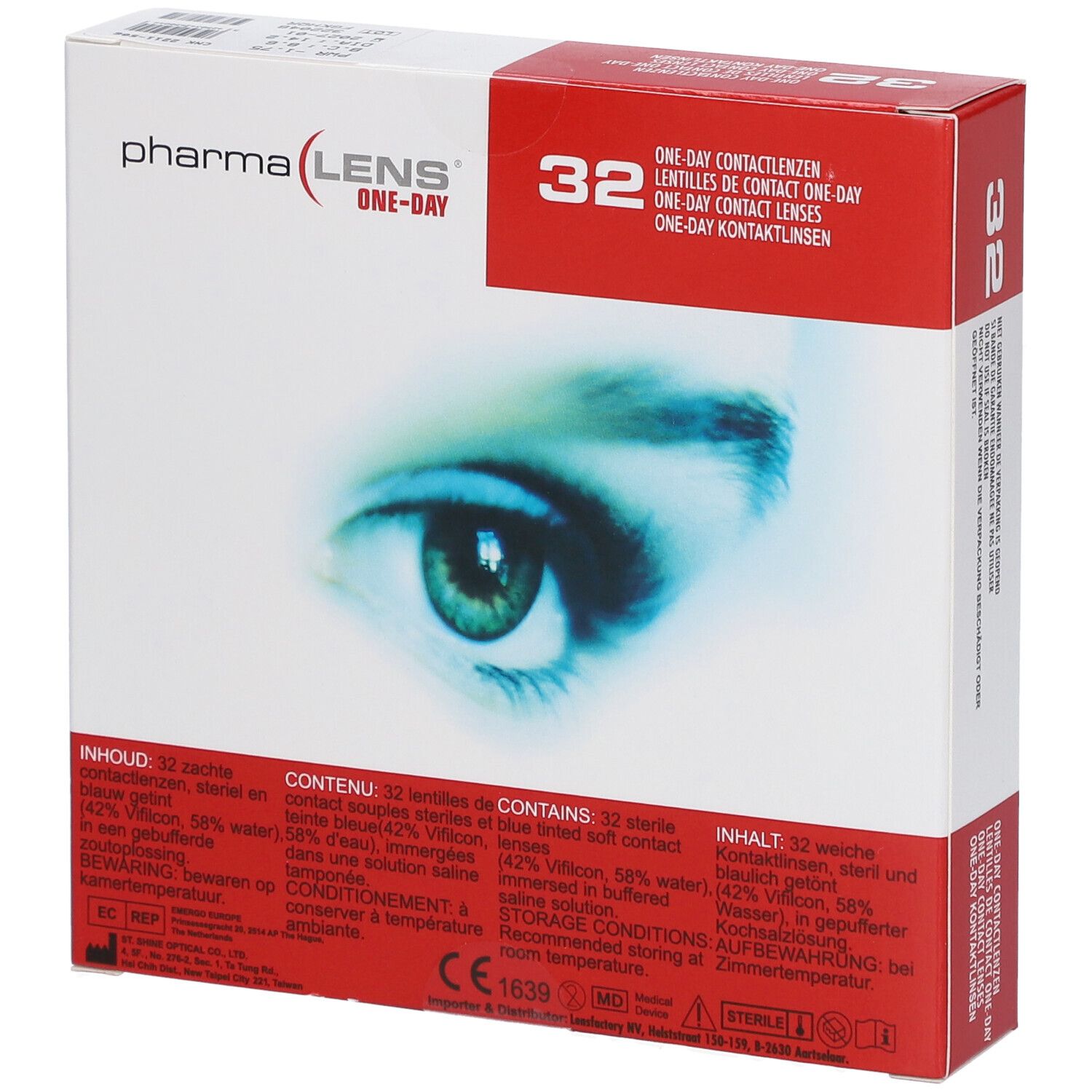 Verpakking contactlenzen. Opdruk: Pharma Lens One-Day, 32 stuks. Oogafbeelding. Meertalige tekst.