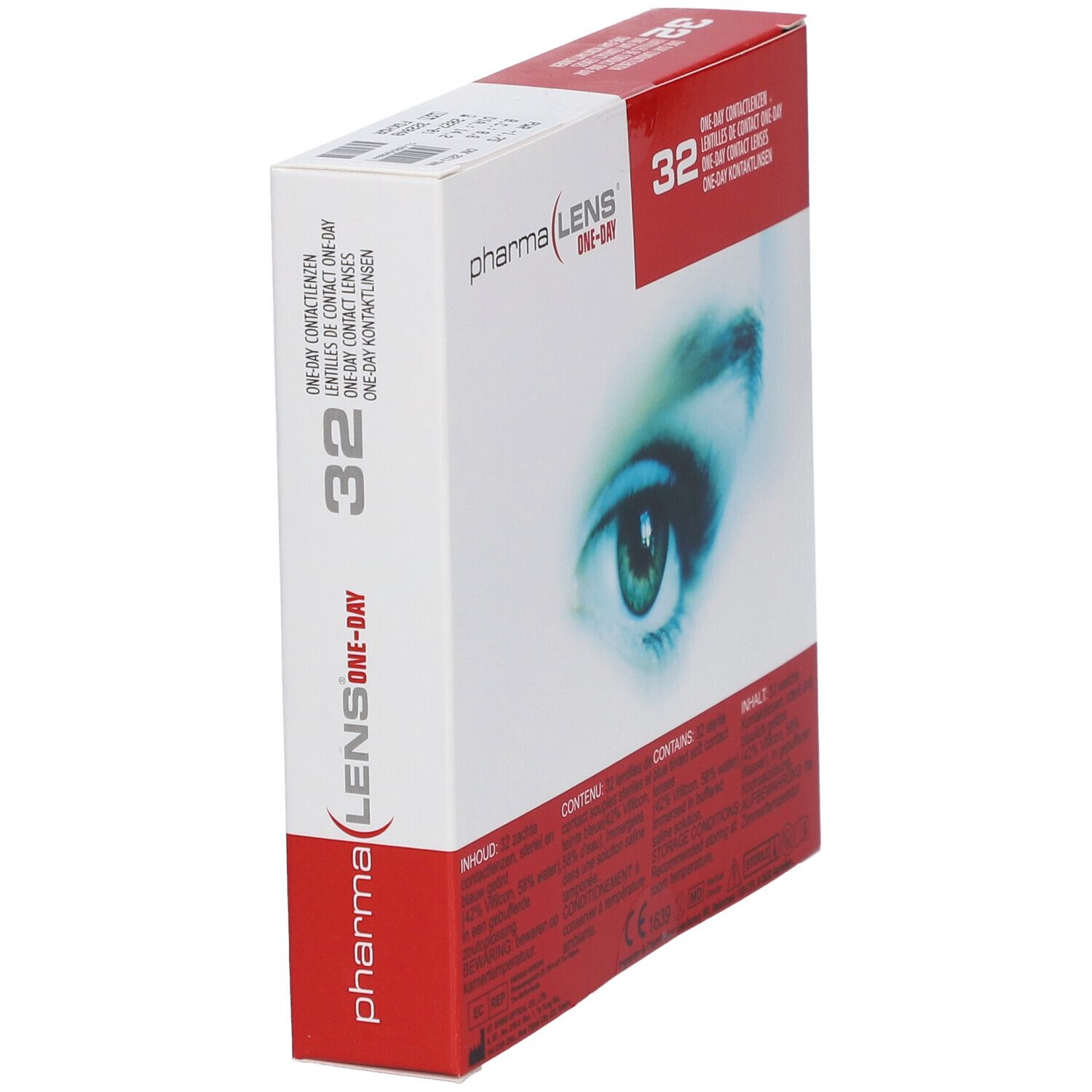Schuine weergave van de verpakking contactlenzen. Opdruk: Pharma Lens One-Day, 32 stuks. Oogafbeelding.
