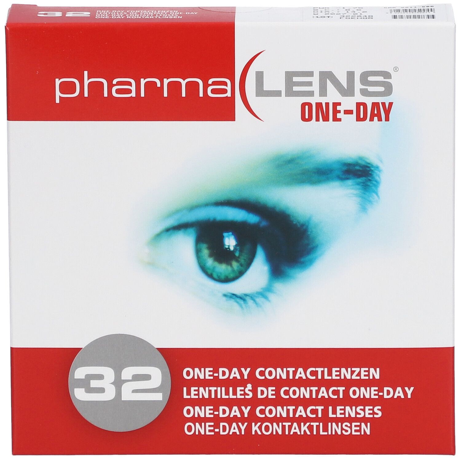 Verpakking contactlenzen. Opdruk: Pharma Lens One-Day, 32 stuks. Oogafbeelding. Meertalige tekst.