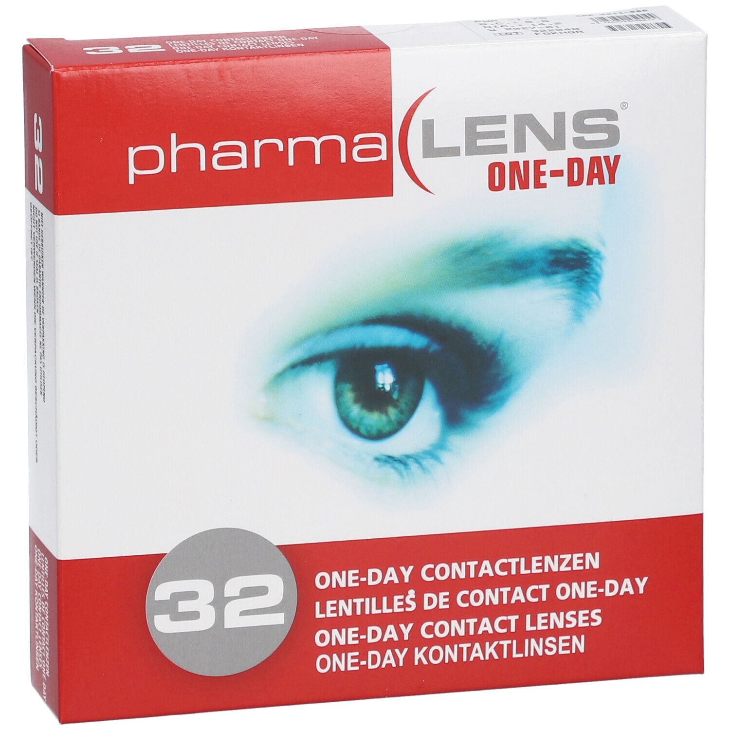 Verpakking contactlenzen. Opdruk: Pharma Lens One-Day, 32 stuks. Oogafbeelding. Meertalige tekst.
