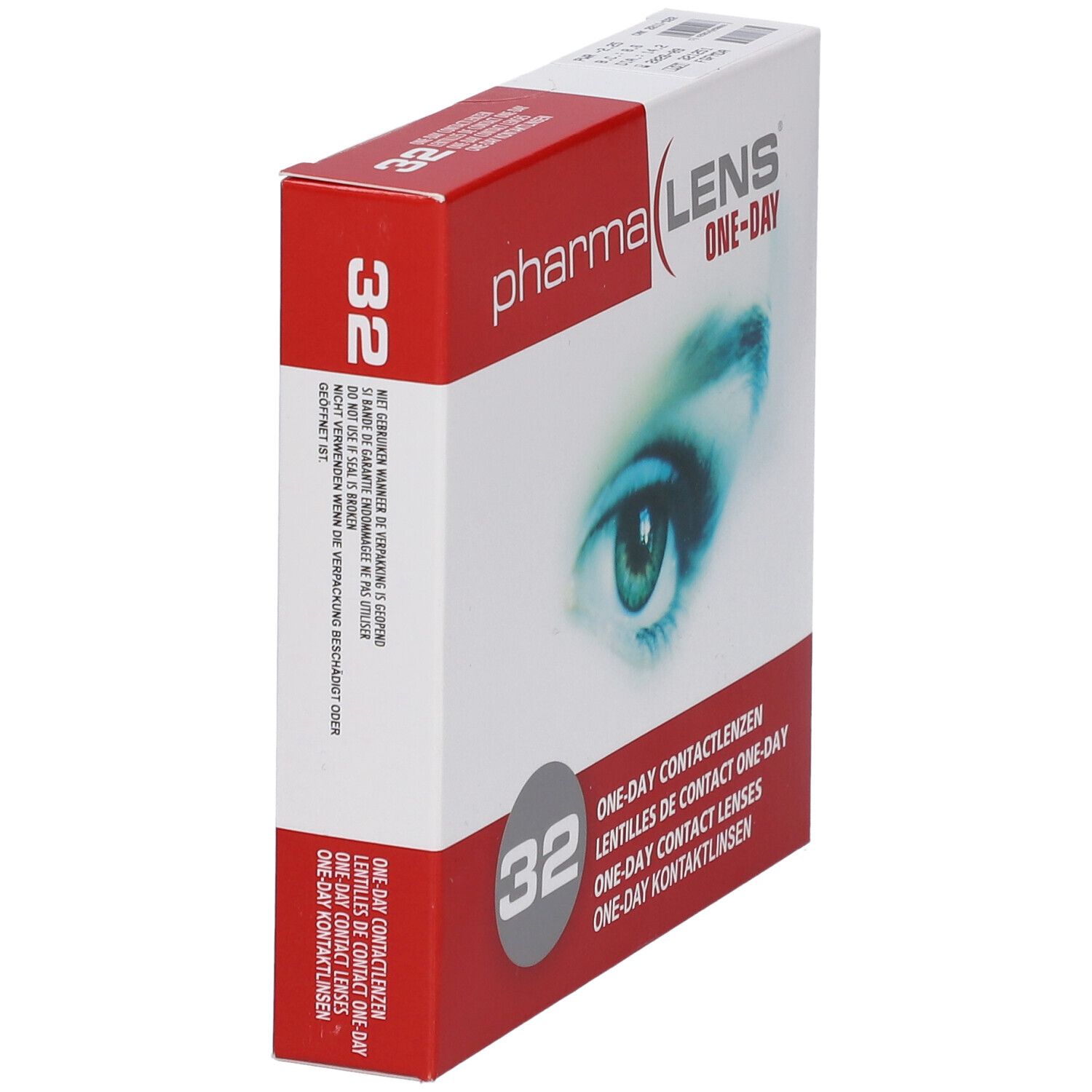 Boîte de lentilles de contact PharmaLens One-Day. 32 lentilles. Boîte rouge et blanche avec motif d'œil. Vue latérale.