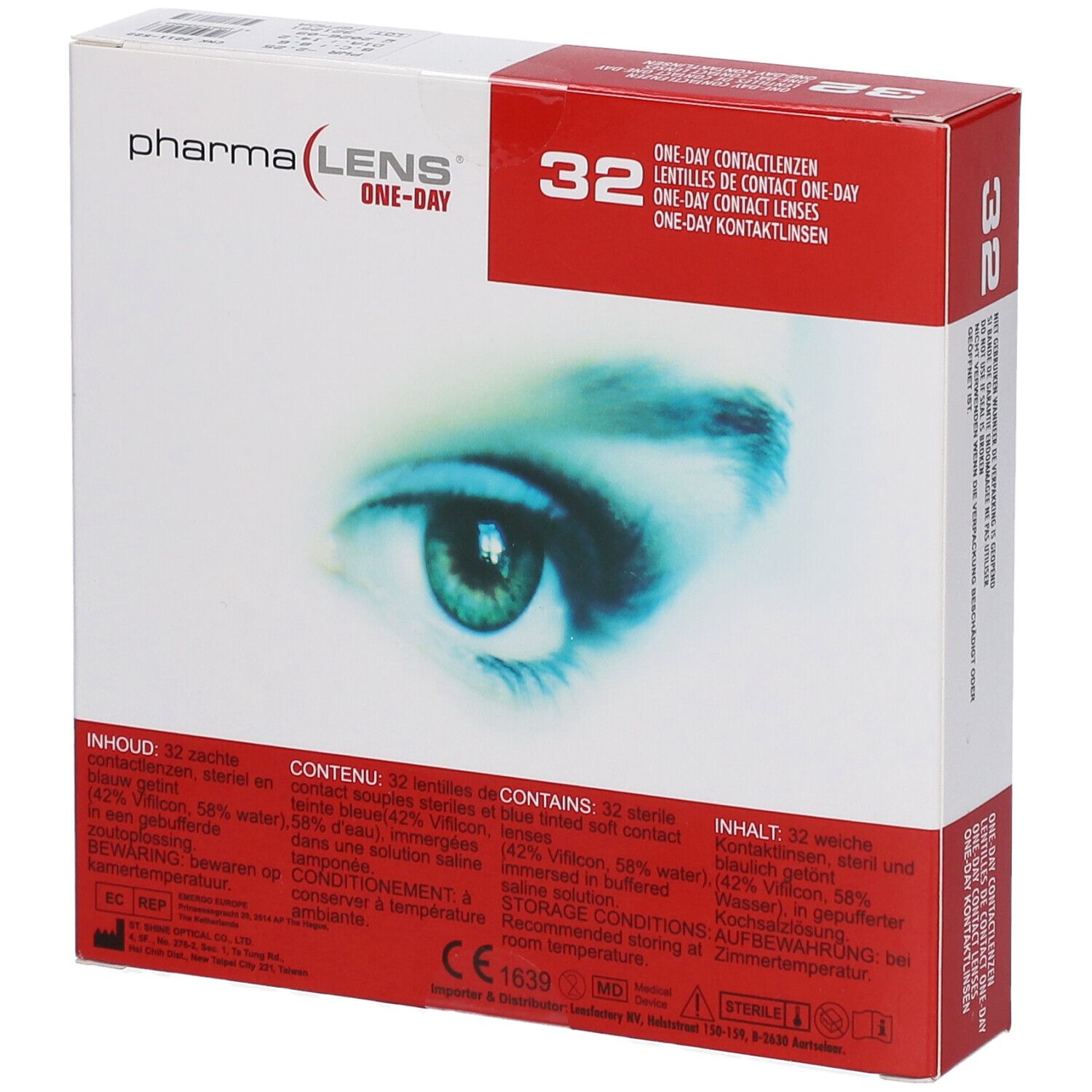 Boîte de lentilles de contact PharmaLens One-Day. 32 lentilles. Boîte rouge et blanche avec motif d'œil. Informations détaillées.