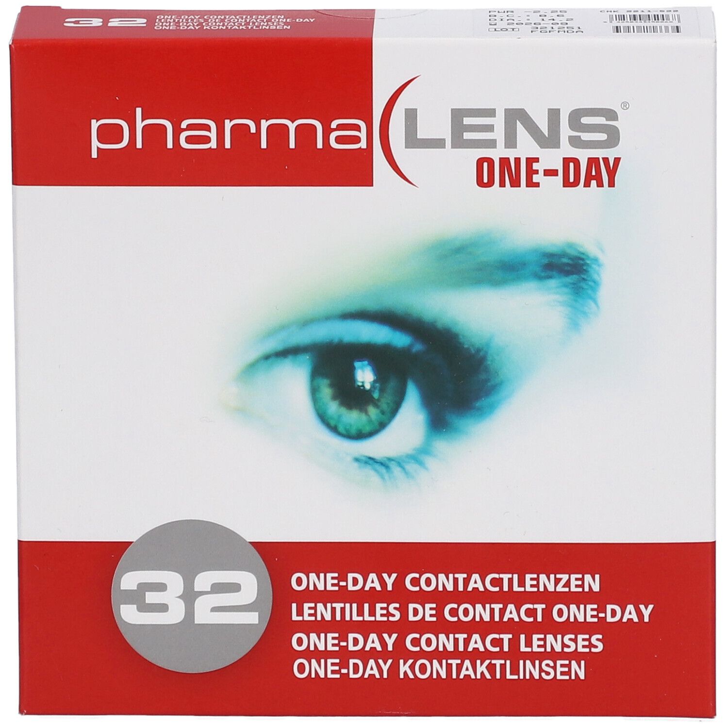 Boîte de lentilles de contact PharmaLens One-Day. 32 lentilles. Boîte rouge et blanche avec motif d'œil. Vue de face.